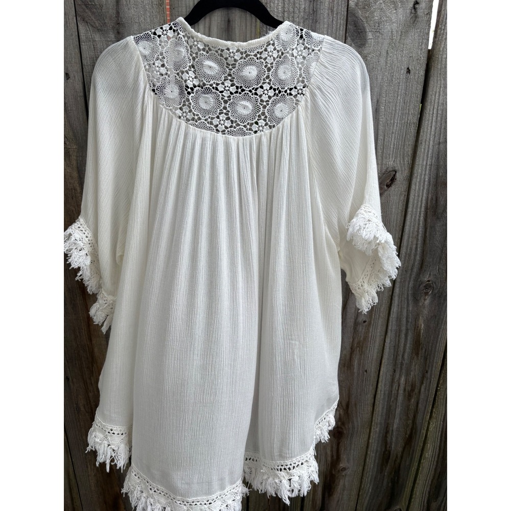 White Crochet Lace Fringe Kimono Cardigan Boho Open Front‎ Cover Up Small